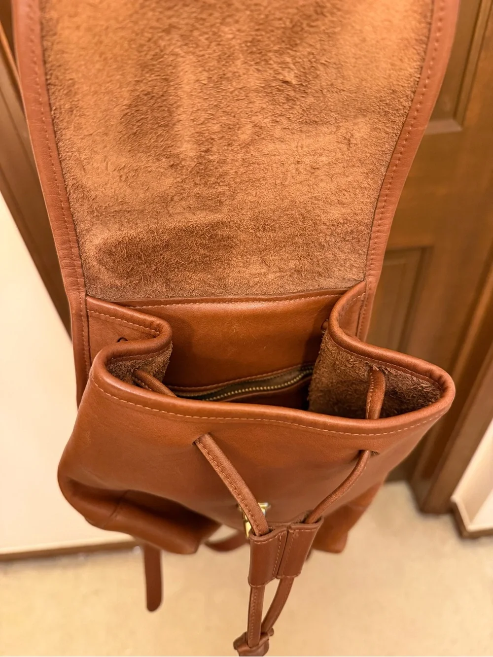 Coach Brown Leather Drawstring Backpack with Turn-Lock